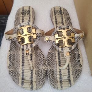 Tory Burch Snakeskin Sandals with Gold Accents